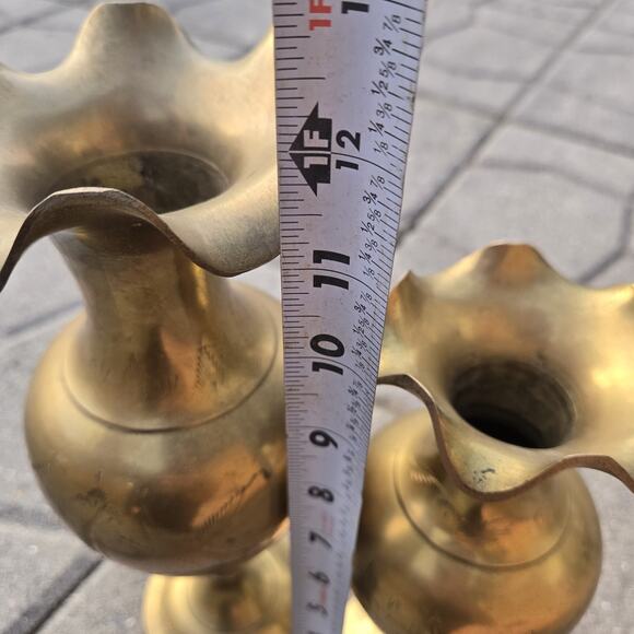 Brass Floral Etched Vases Scalloped Rims - Picture 3 of 8